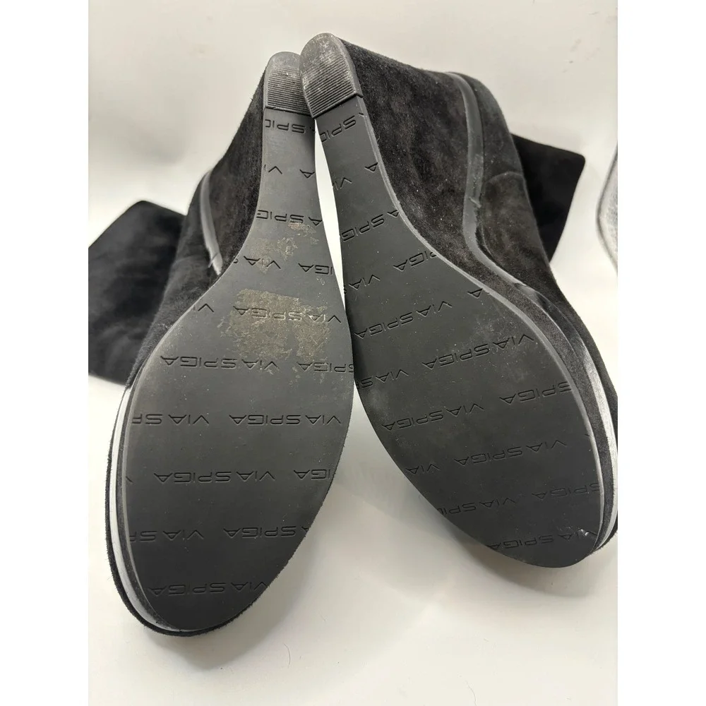 Via Spiga Black Suede Wedge Ankle Boots Patent‎ Trim Platform  7.5 M
